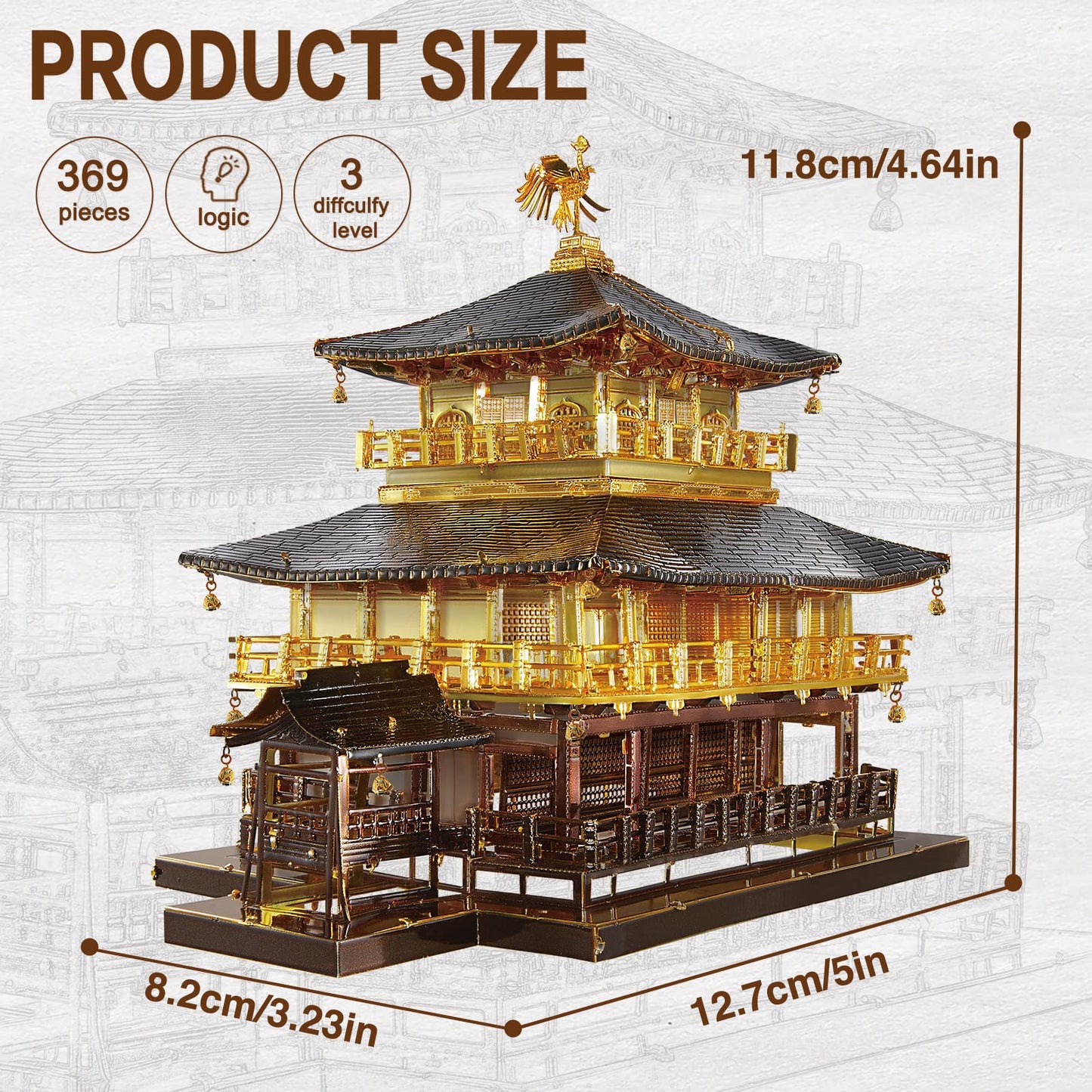 Piececool 3D Metal Model Kits For Adults, Kinkaku-Ji Golden Pavilion Model Building Kits, Challenging 3D Puzzles For Stress Relief Diy Craft Kits