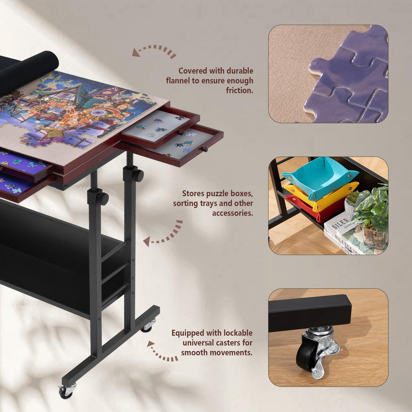 Tektalk 2000 Piece Foldable Puzzle Board With Height Adjustment, Jigsaw Puzzle Table With 2 Felt Cover & 8 Sorting Trays/Drawers, Puzzle Easel With Legs, Enclosed With 4 Roller Wheels (Black)
