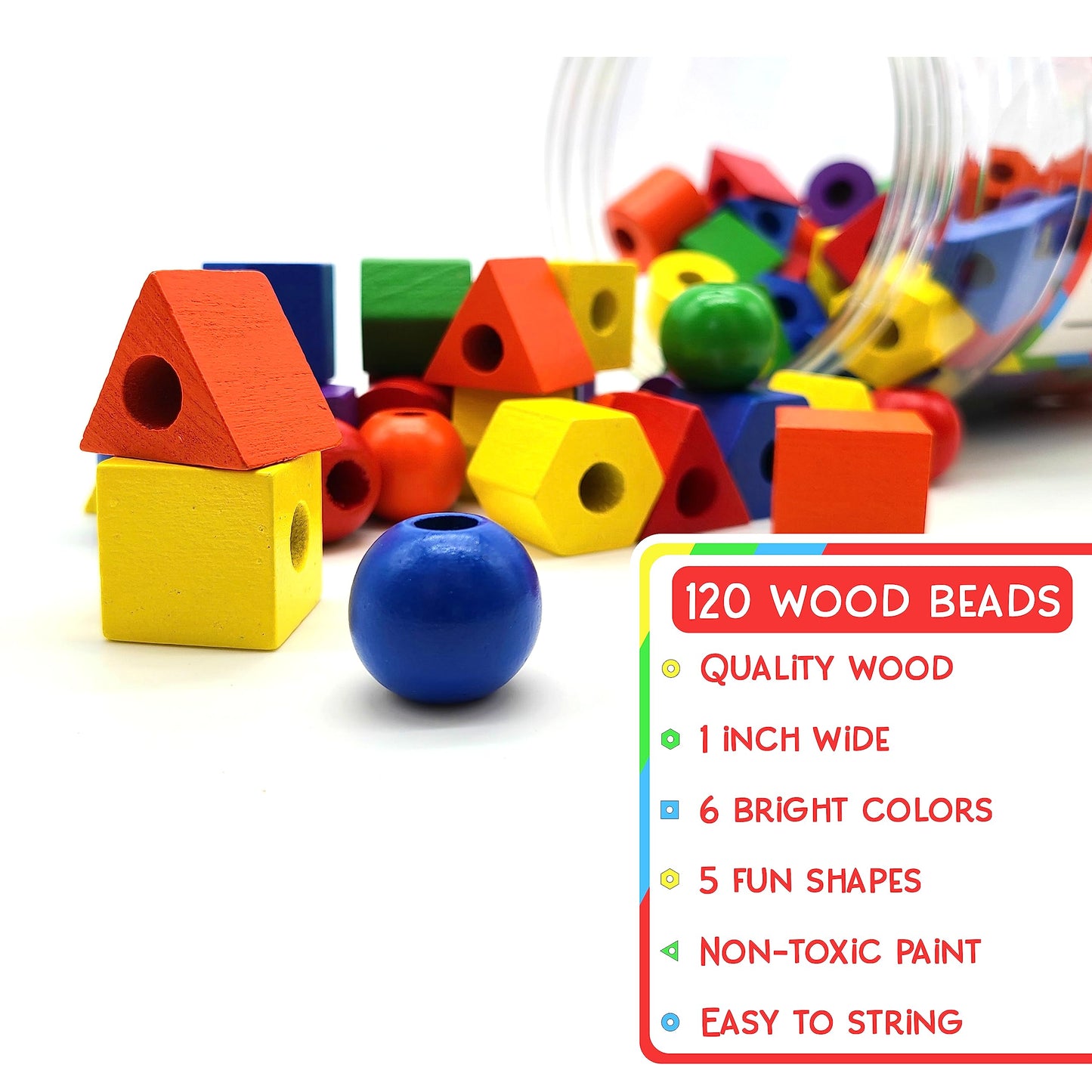 LMC Products Wooden Lacing Beads & Strings Set - 125 Pieces, Colorful Fine Motor Skills Toys for Toddlers, Occupational Therapy, Large Size