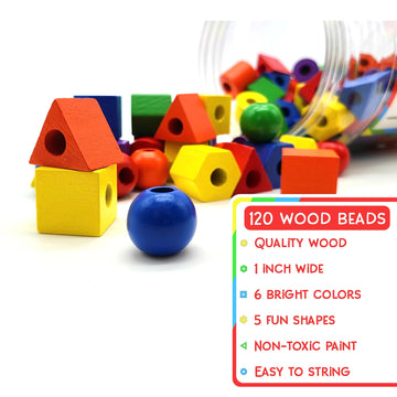 LMC Products Wooden Lacing Beads & Strings Set - 125 Pieces, Colorful Fine Motor Skills Toys for Toddlers, Occupational Therapy, Large Size