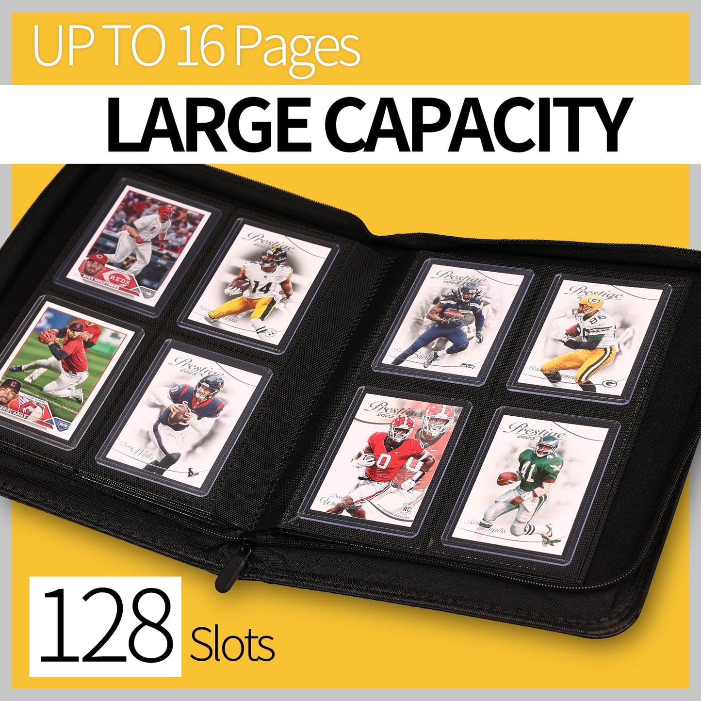 Yodamiack Top loader Binder - Holds 128 Cards in Toploaders for 3  x 4  Portable Card Binders Waterproof PU Leather  Ringless Double-Sided Pages (4 pocket  Carbon Black)