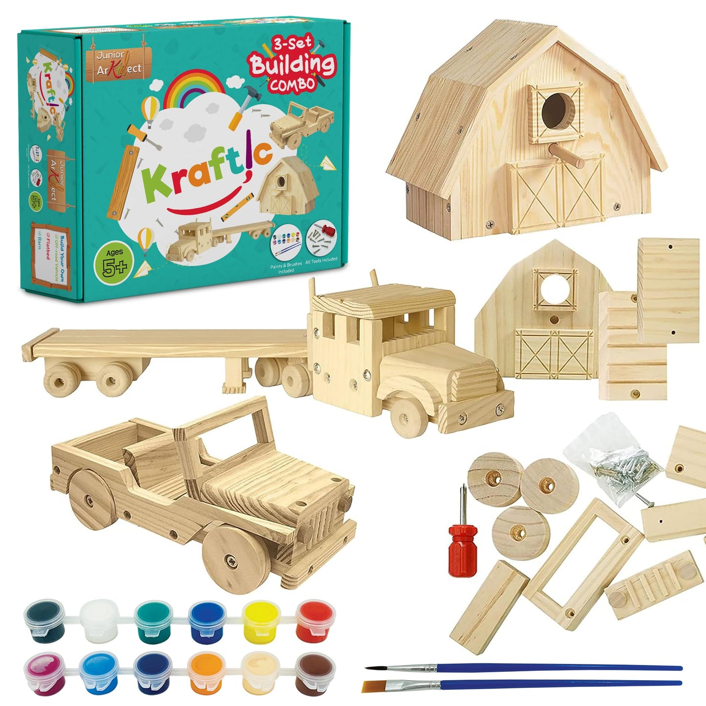 Kraftic Woodworking Kit - 6 DIY Carpentry Projects for Kids & Adults, Brown, Model DIY7