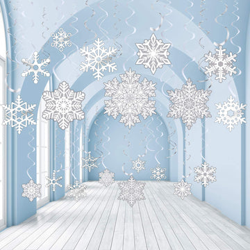 Sumind 30 Pcs Winter Snowflake Birthday Baby Shower Decor Christmas Swirls Snowflake Foil Hanging Ceiling Decor for Frozen Winte