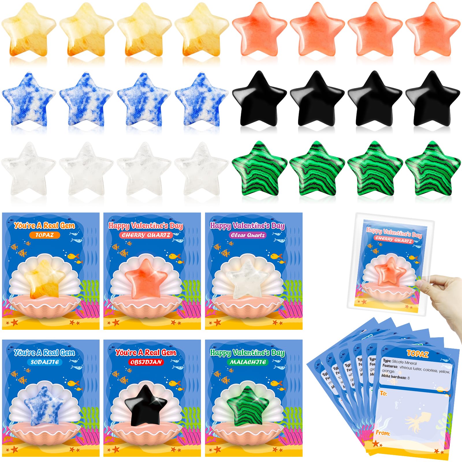 iMopo Valentines Day Gifts for Kids-24 Pack Star Shape Crystal Stones with Valentines Cards Goodie Bags, Natural Love Healing Cr