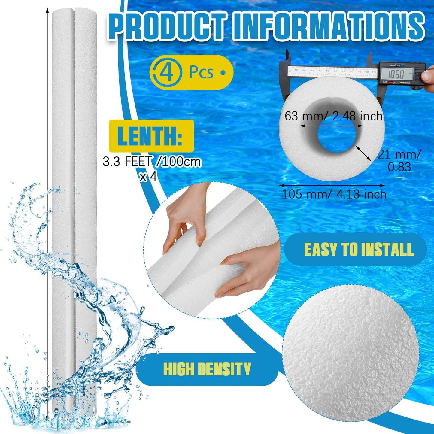 Hanaive Jumbo Foam Pool Noodles - 40 Inch, White, Pre-Slit, Ideal for Swimming, Floating, Craft Projects, 4 Pack