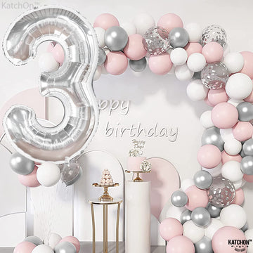 Katchon, Big Silver Number 3 Balloon - 40 Inch | 3 Birthday Balloon, 3Rd Birthday Decorations For Girls | 3 Balloon Number, 3 Year Old Balloons Birthday | Silver 3Rd Birthday Decorations For Boys