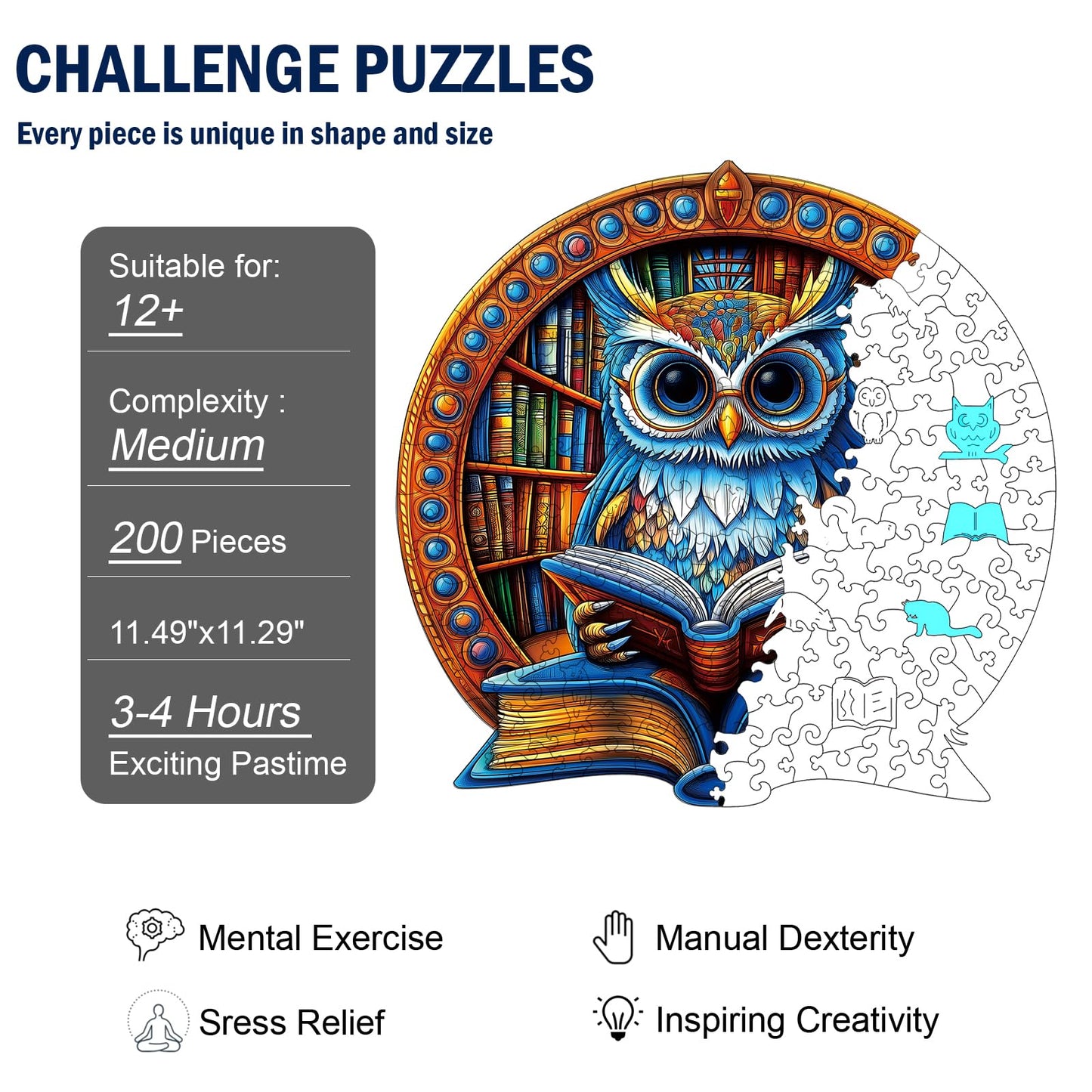 Wooden Jigsaw Puzzles for Adults, Book Owl Puzzle, 200 Pieces Unique Animal Shaped Wooden Puzzle, Fun Challenging Family Games f