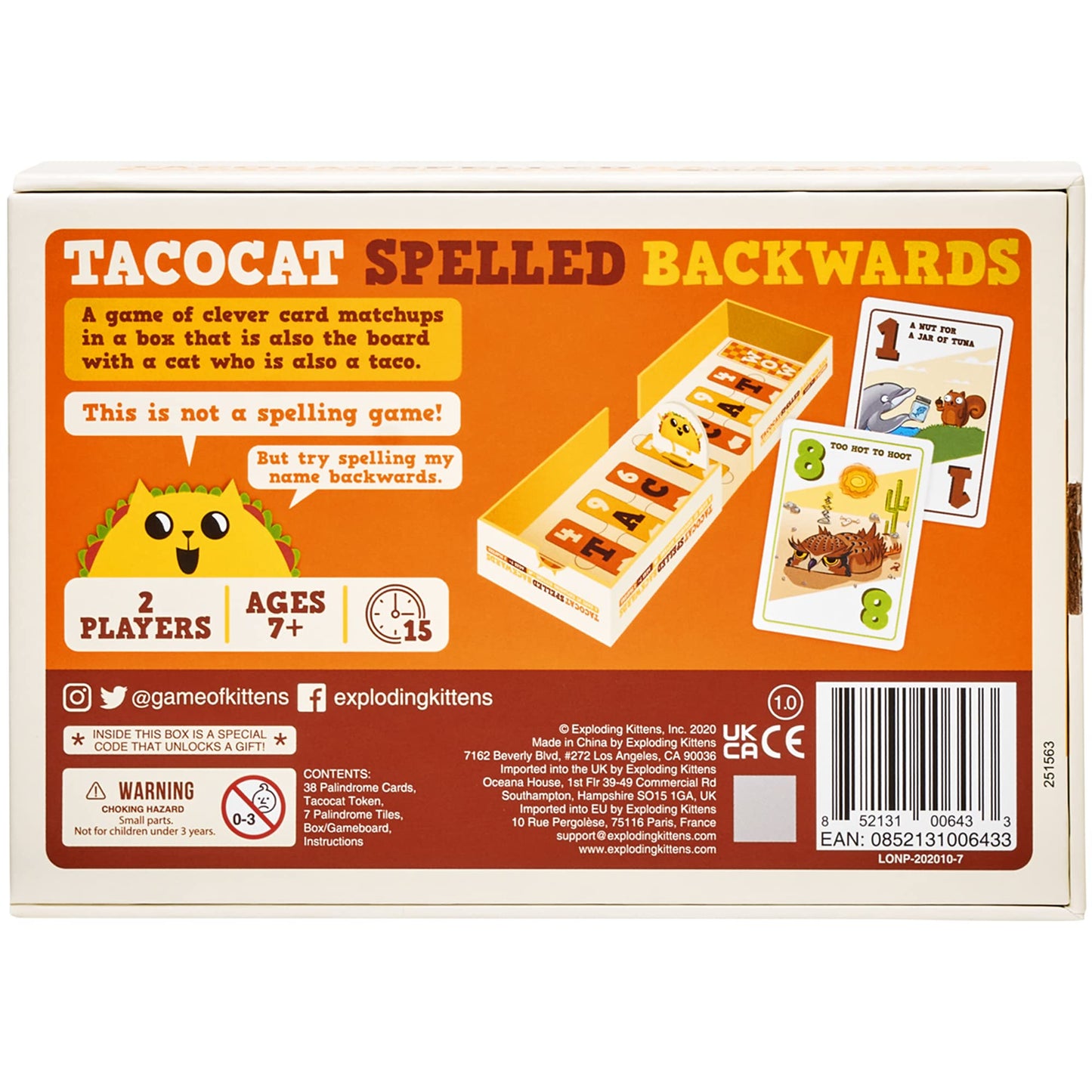 Exploding Kittens Tacocat Spelled Backwards Board Game - 2 Players, Ages 7+, Cardboard, Multicolor, TACO-CORE-1, 15 Minutes to Play