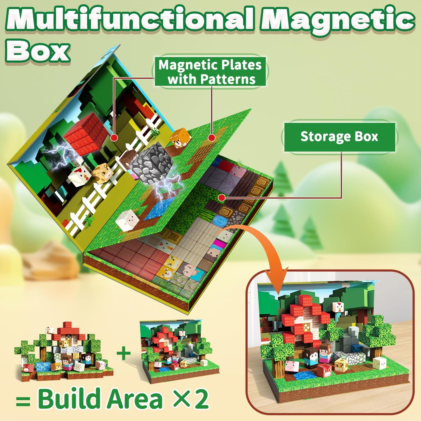 100Pcs Magnetic Blocks - Travel Magnetic Building Blocks Set With 2-In-1 Magnet Box, Magnet Cubes Build Forest Farm Stem Sensory