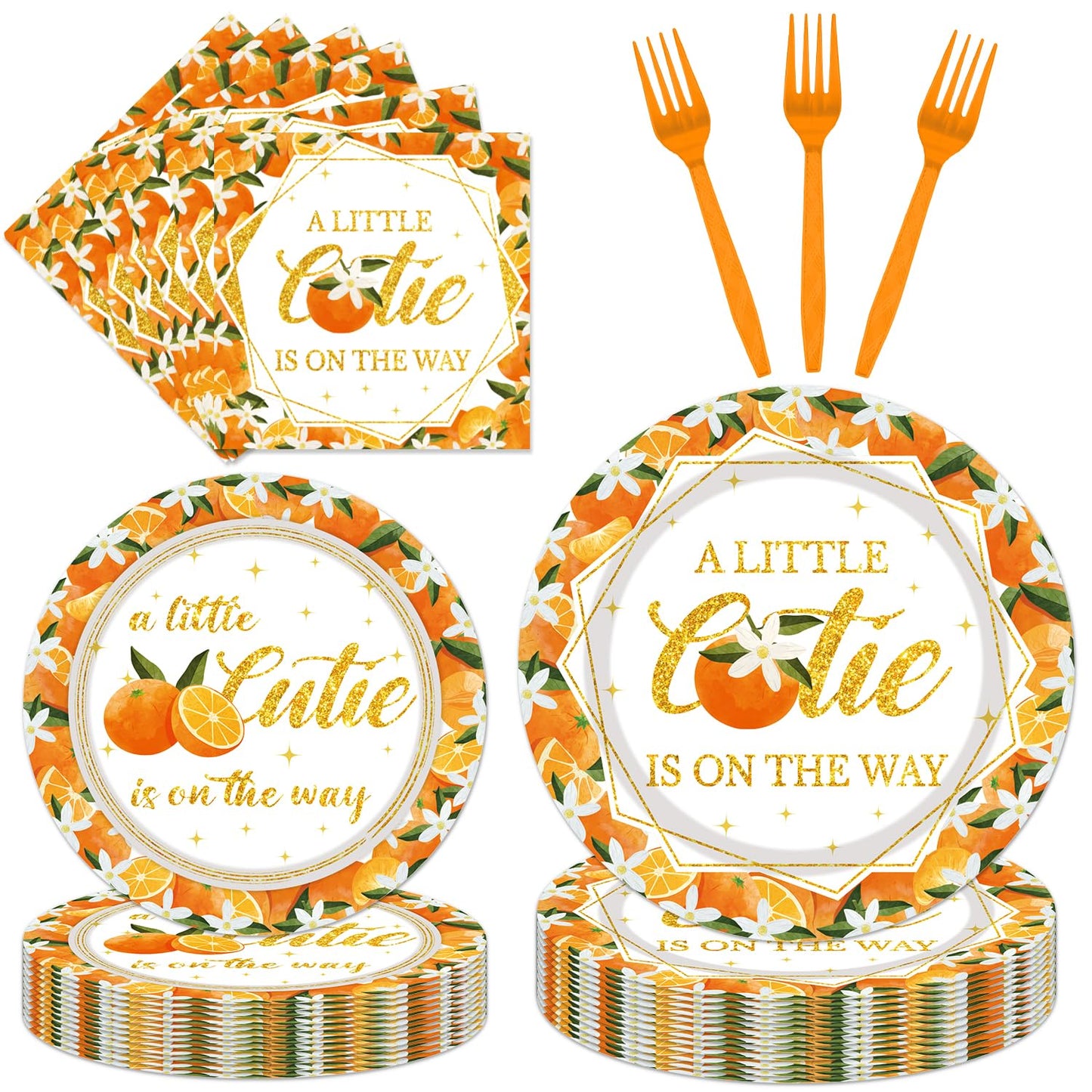 Little Cutie Baby Shower Decorations - 96PCS A Little Cutie Is on the Way Plates and Napkins Party Supplies Orange Tangerine Cit