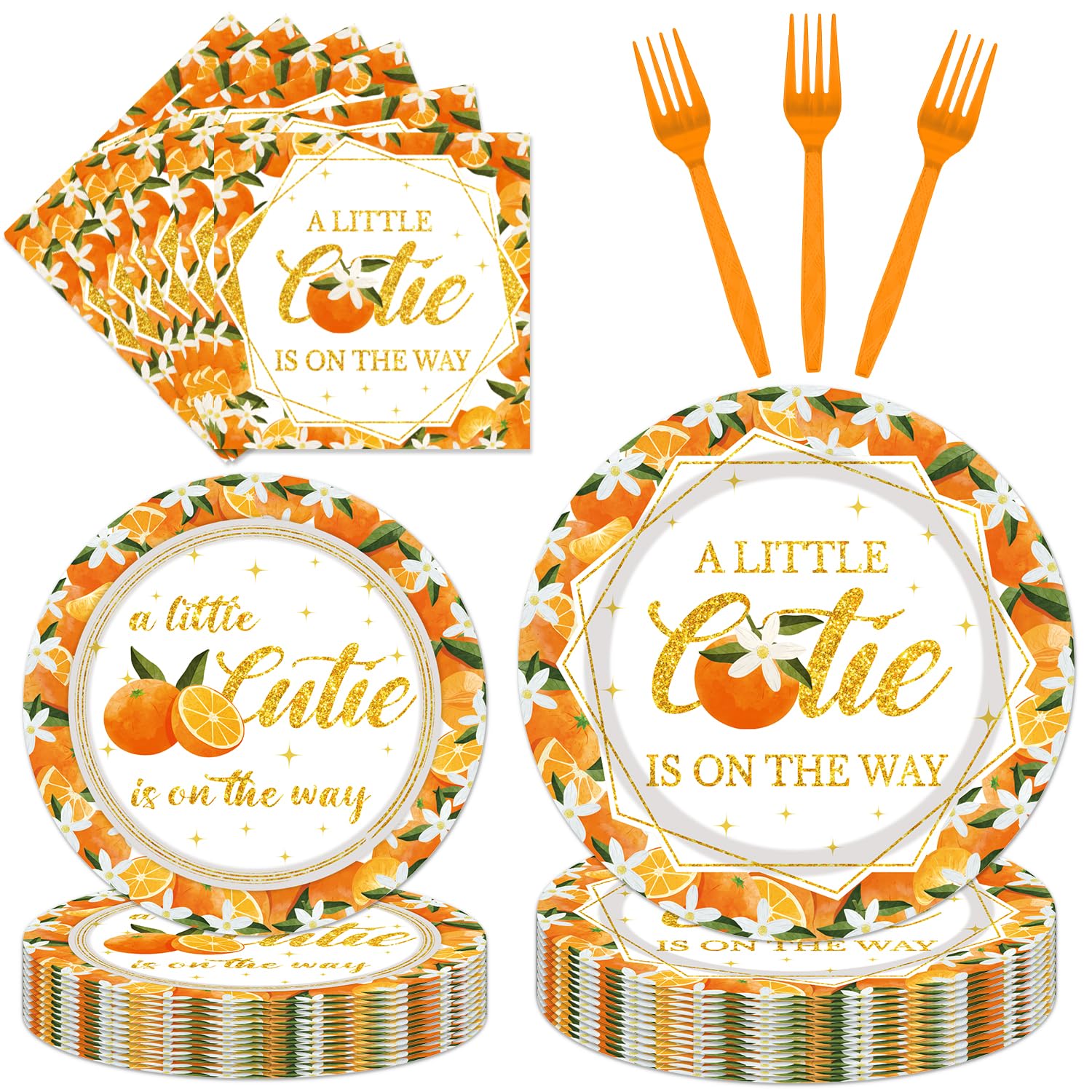 Little Cutie Baby Shower Decorations - 96PCS A Little Cutie Is on the Way Plates and Napkins Party Supplies Orange Tangerine Cit