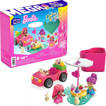 Mega Barbie Color Reveal Building Toy Car Playset, Convertible Road Trip With 66 Pieces, 10 Surprises, Accessories, Kids Age 4+ Years