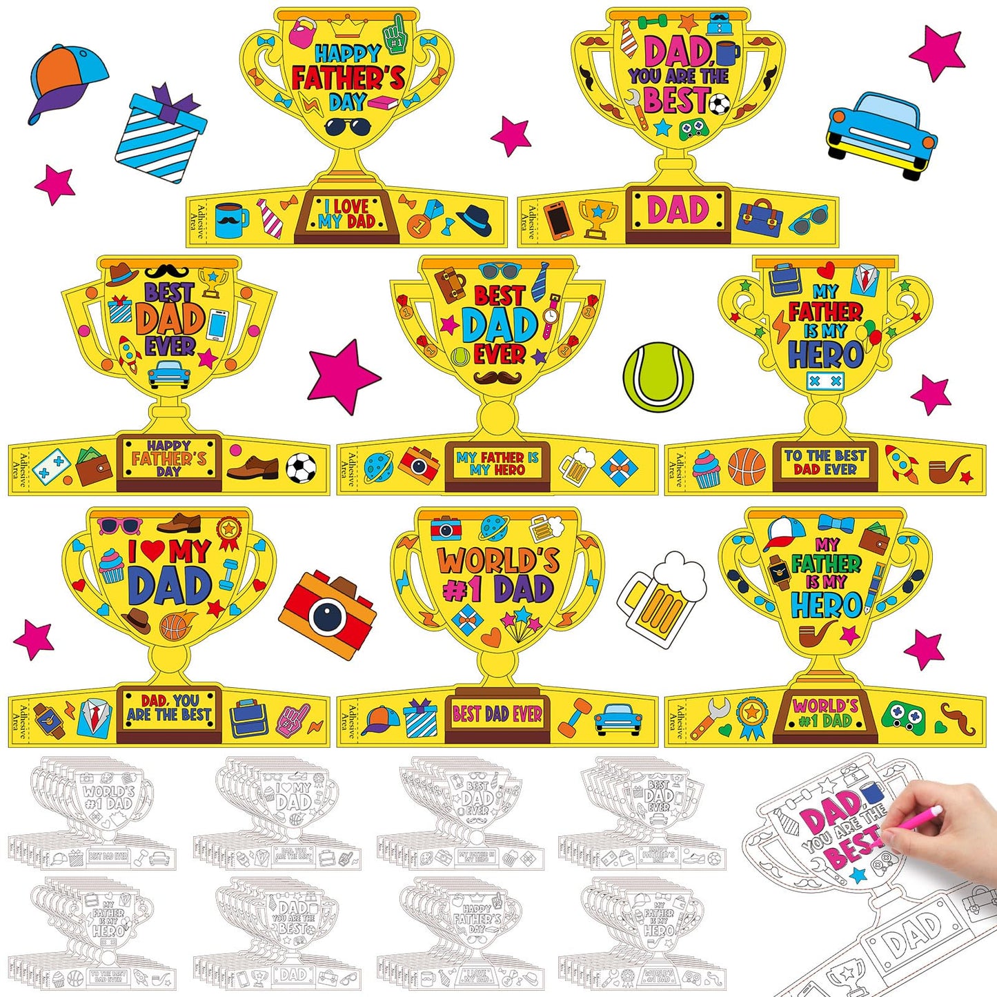 Dunzoom 48 Pcs Fathers Day Trophy Craft Kit Color Your Own Fathers Day DIY Crafts Coloring My Father is My Hero DIY Dad Gift S