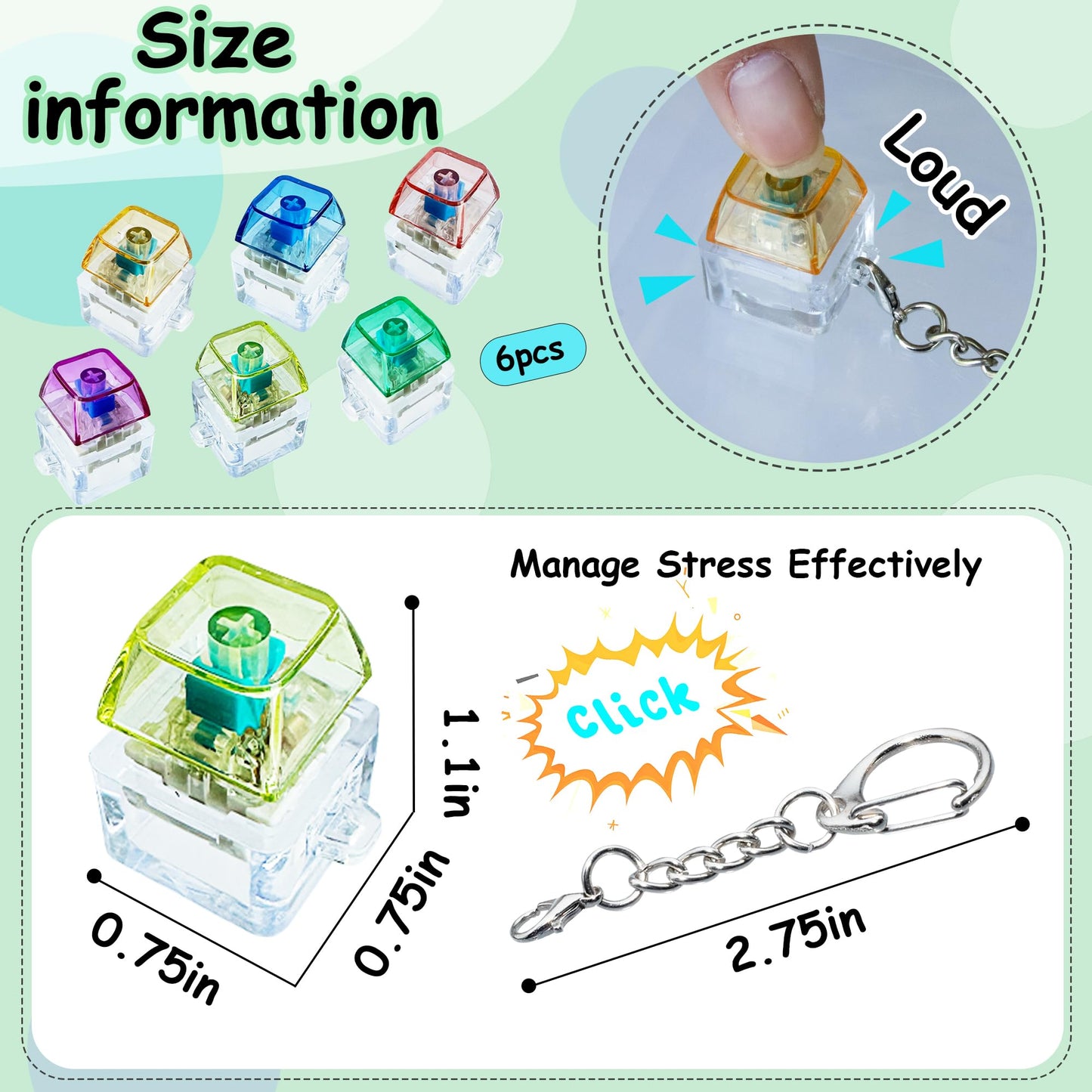 6 Pack Keyboard Fidget Toy Keyboard Fidget Keychain Keyboard Decompression Button Finger Clicker Toys  Button Stress Relief Fidget Gifts for mature-themed to Relief Stress (Mix Transparent)