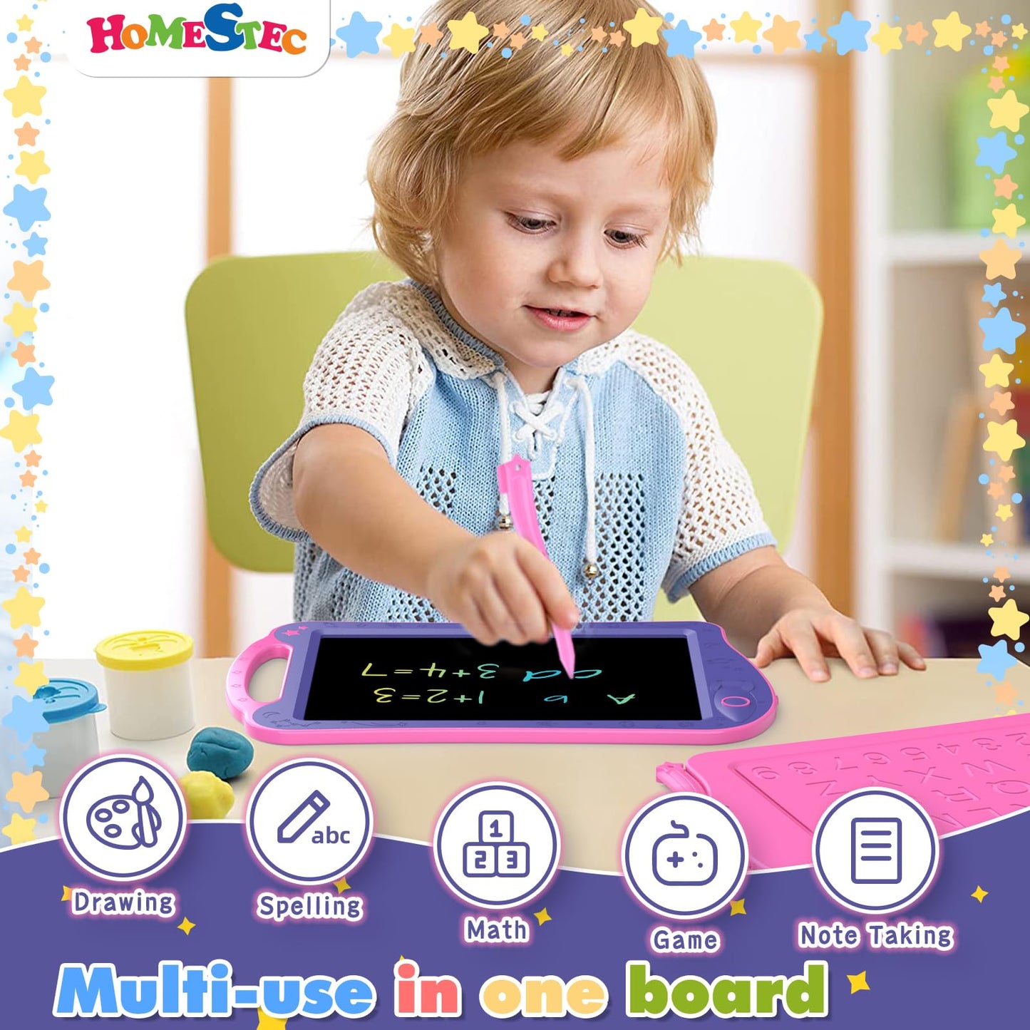 HOMESTEC Astrodraw LCD Writing Tablet for Kids, Colorful Doodle Board, Purple/Pink, Model AB0811, Ideal Birthday Gift for Ages 3-6