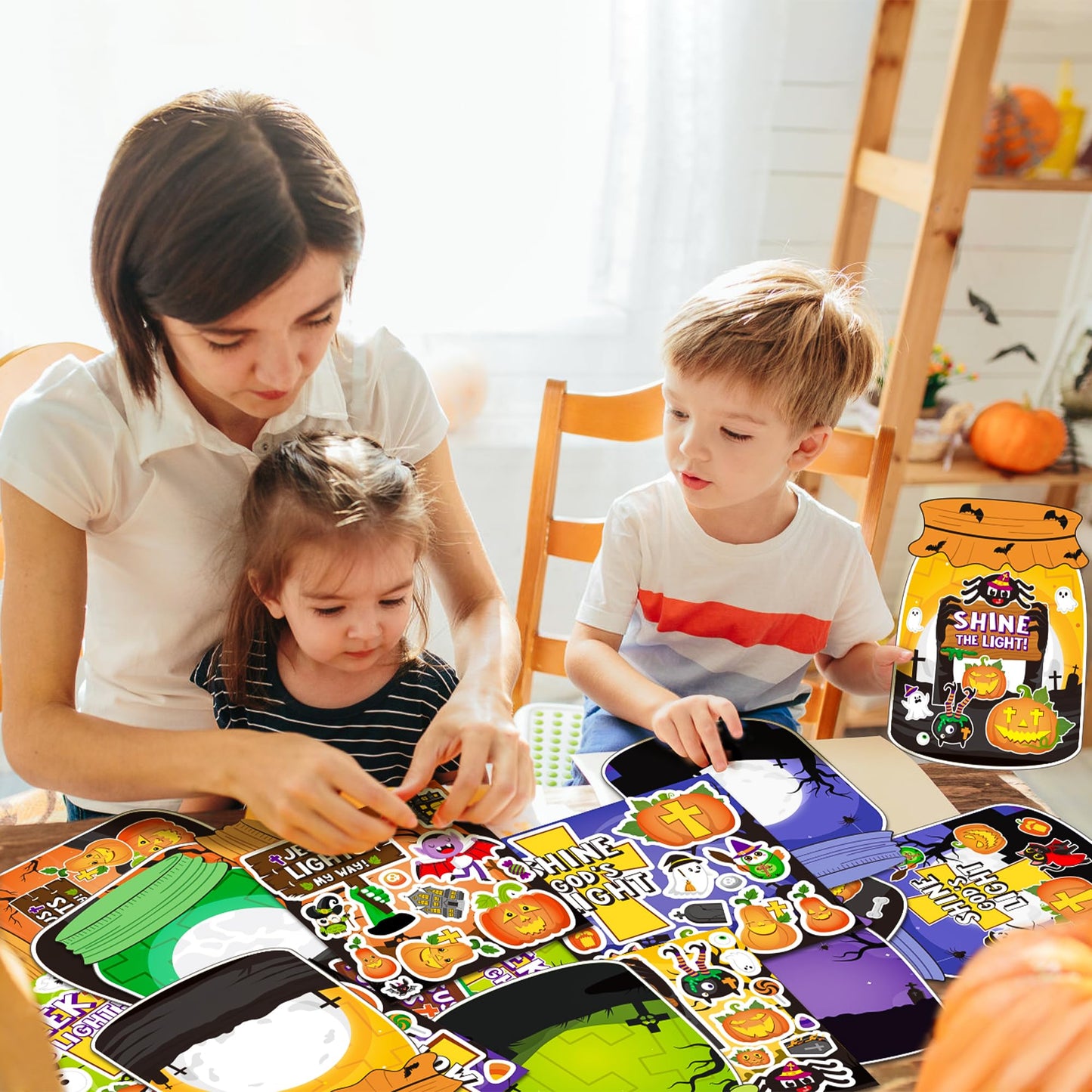 Cy2Side 12 Set Halloween Jesus Cross Stickers Scene For Kids, Make A Halloween Ghost Jar Sticker Scene With Pumpkin Witch, Make Your Own Jesus Light Stickers With Jar Scene, Diy Halloween Party Games