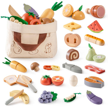 ROBOTIME Wooden Play Food Cutting Fruit Set, Pretend Play Toy Food for Play Kitchen with Shopping Bag - Kids Kitchen Accessories