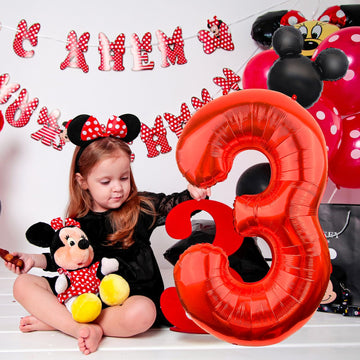 Lebery Mouse Number 3 Balloon 40 Inch Red Number 3 Balloon Mini Mouse Head Balloons For 3Rd Birthday Party, Black Red Large Numeral Foil Balloons For Baby Shower Anniversary Supplies Decorations