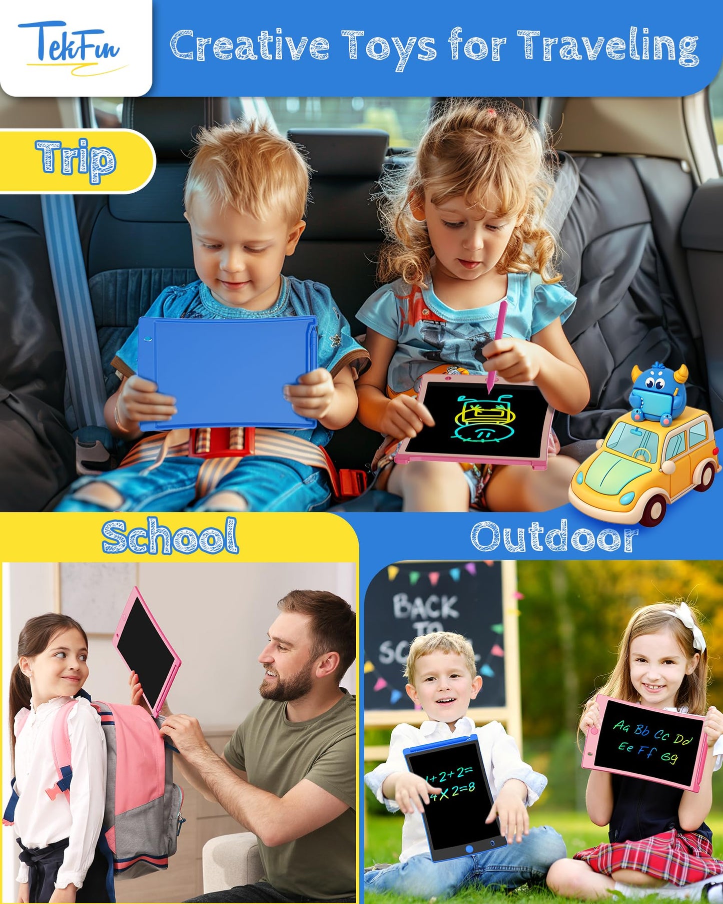 TEKFUN Kids Toys, 2Pcs LCD Writing Tablet with 4 Stylus, 8.5in Erasable Doodle Board Mess Free Drawing Pad for Kids, Car Trip Ed