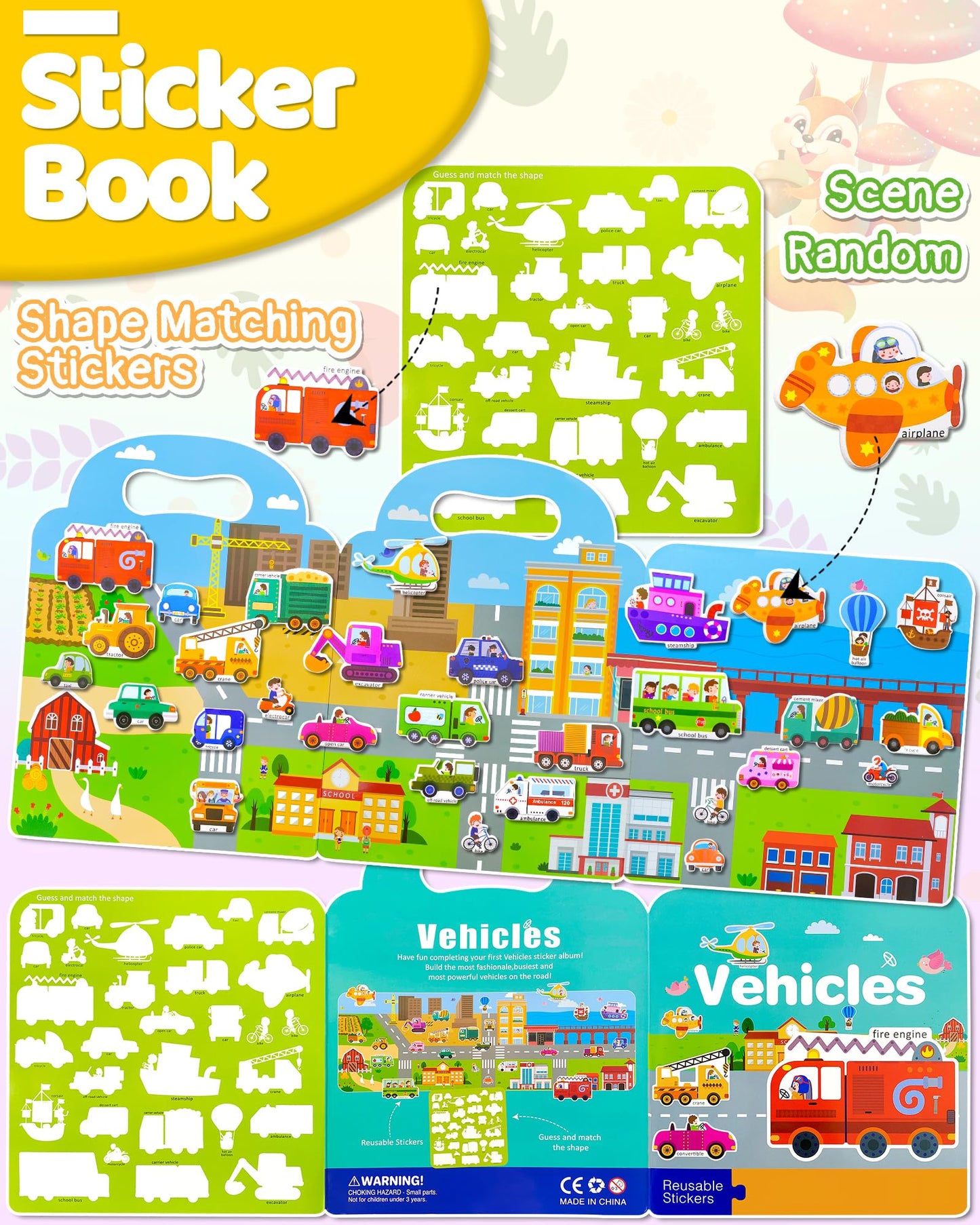 Benresive Reusable Sticker Books For Kids 2-4, Sticker Books For Toddlers 1-3, Toddler Sticker Book Age 2-4, Toddler Travel Toys Activities Crafts Gifts - Vehicle Sticker Book