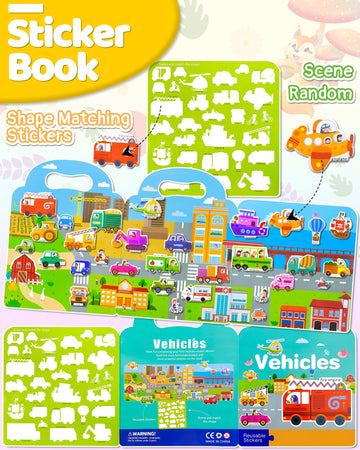 Benresive Reusable Sticker Books For Kids 2-4, Sticker Books For Toddlers 1-3, Toddler Sticker Book Age 2-4, Toddler Travel Toys Activities Crafts Gifts - Vehicle Sticker Book