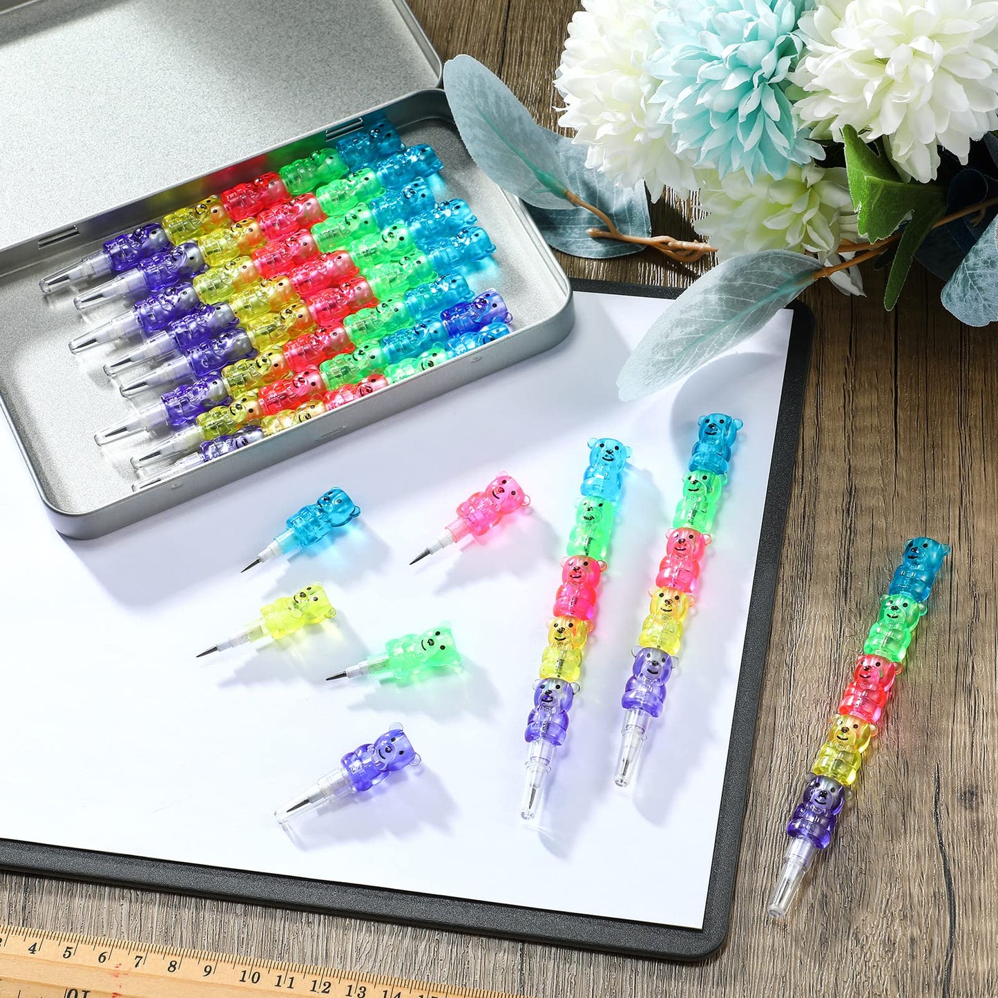 Chinco 50 Pieces Stackable Plastic Bear Pencils Stacking Point Pencils 5 in 1 Colored Party Favors for Birthday Party Supplies G