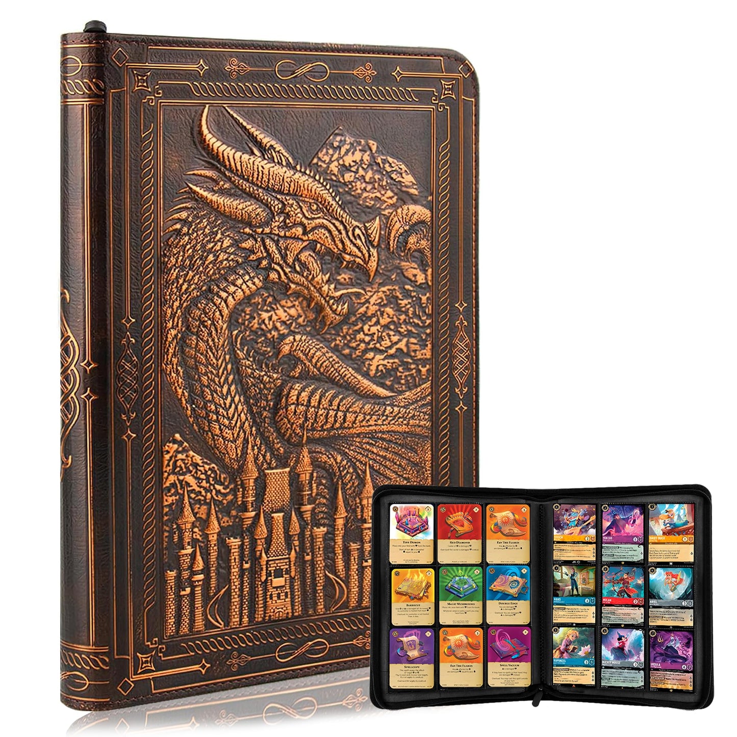 Feidiao 9 Pocket Trading Card Binder 360 Side Loading Pockets Albums With Zipper 3D Pu Leather Embossed Dragon Card Books Collec