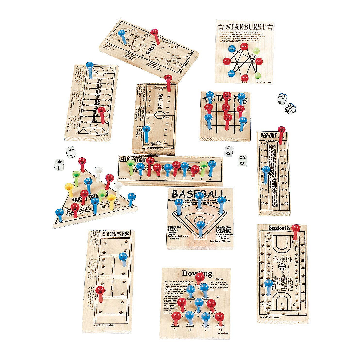 Wooden Peg Board Game Variety Pack - Set Of 12 - Variety Of Old School And Old Fashioned Games