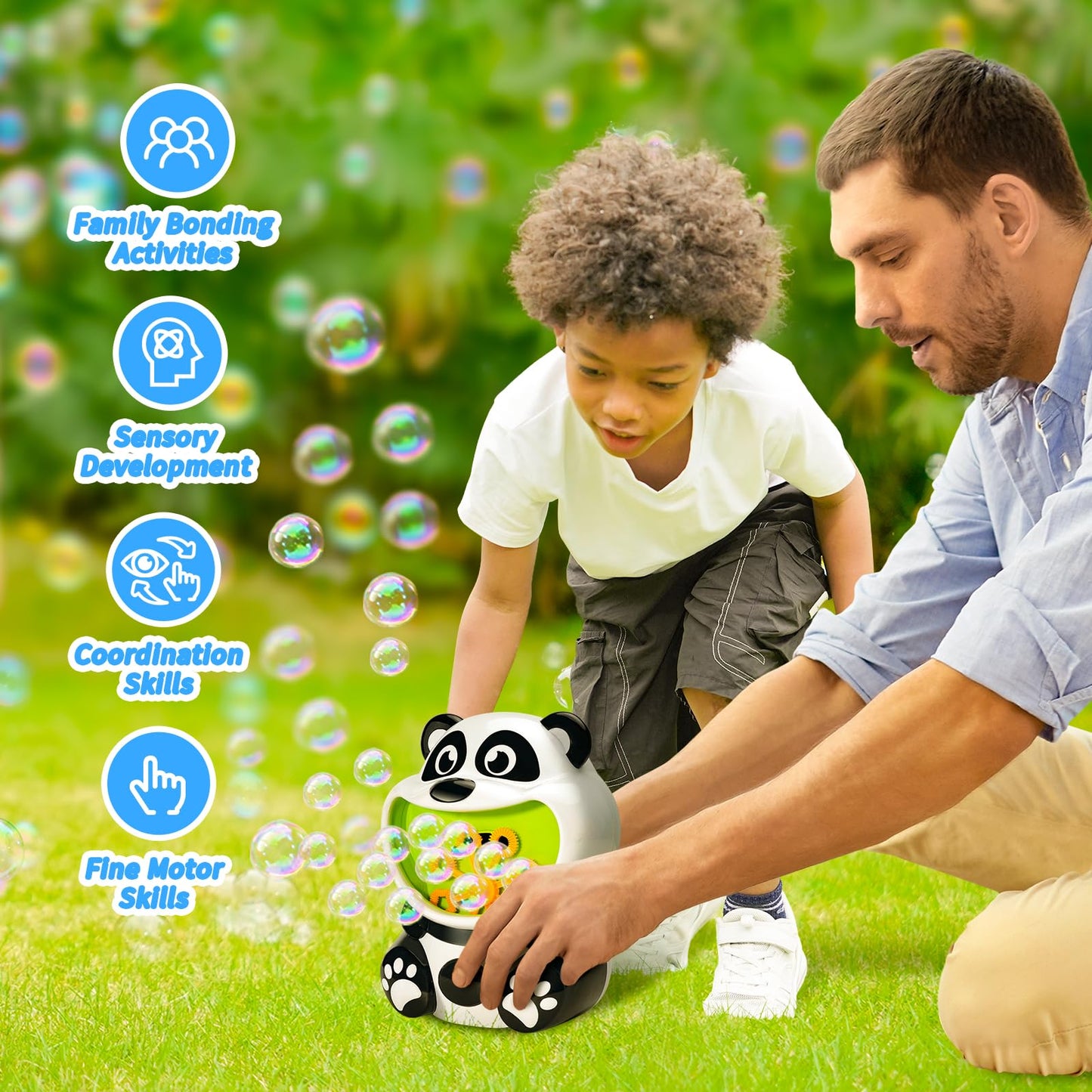 MAKE KIDS SMILE Panda Bubble Machine for Toddlers - Outdoor Bubble Blower with 8oz Solution, White, Ideal Gift for Ages 1-5