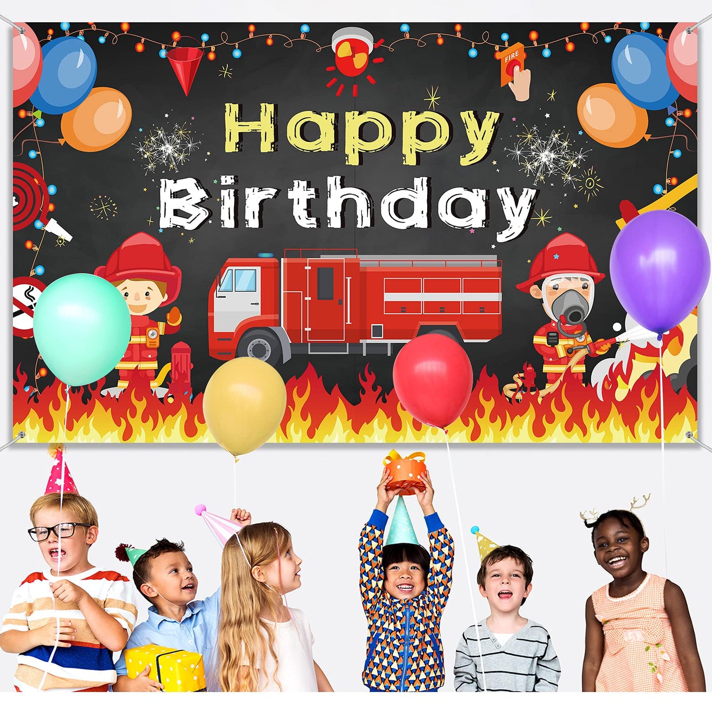 Tatuo Firetruck Birthday Party Supplies Decorations Firetruck Theme Backdrop Background Banner for Boys Girls Favor Fireman Fire