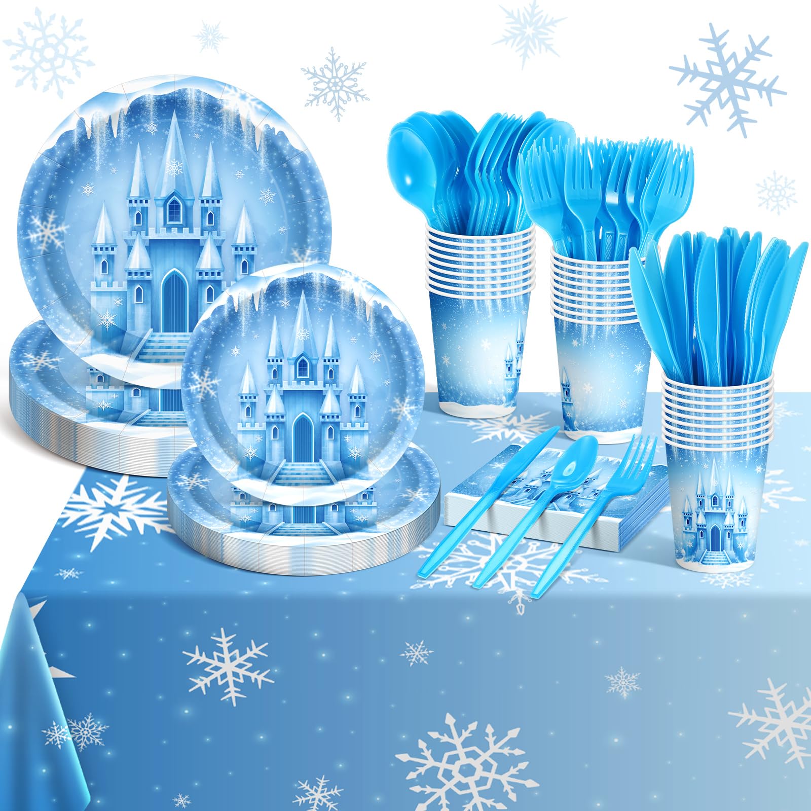 Potchen 175 Pcs Winter Snowflake Party Tableware Supplies Blue and Purple Snowflake Paper Plates and Napkins Set, Winter Wonderl