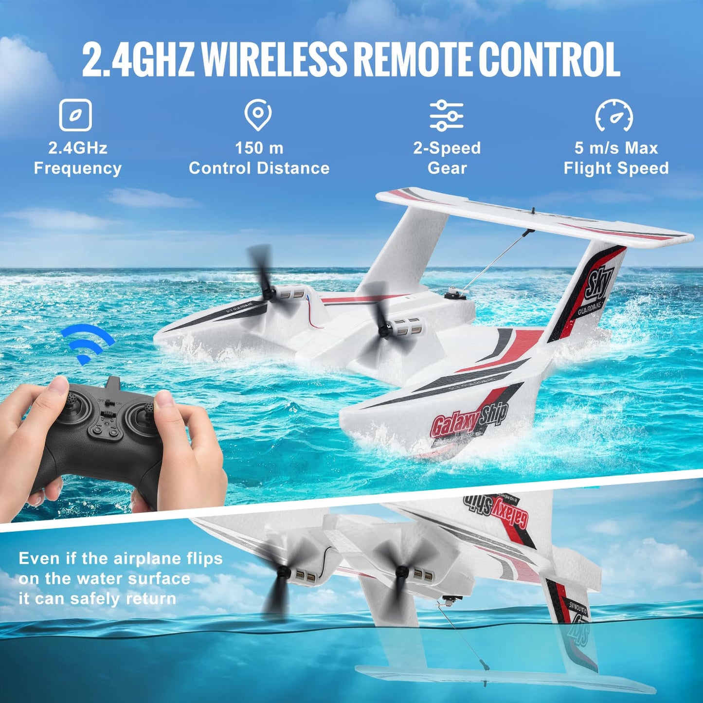 Vevor Rc Plane, 2.4Ghz 3Ch Rc Airplane With 6-Axis Gyro Stabilizer&2 Batteries, Ready To Fly Amphibious Aircraft Plane Toy For A