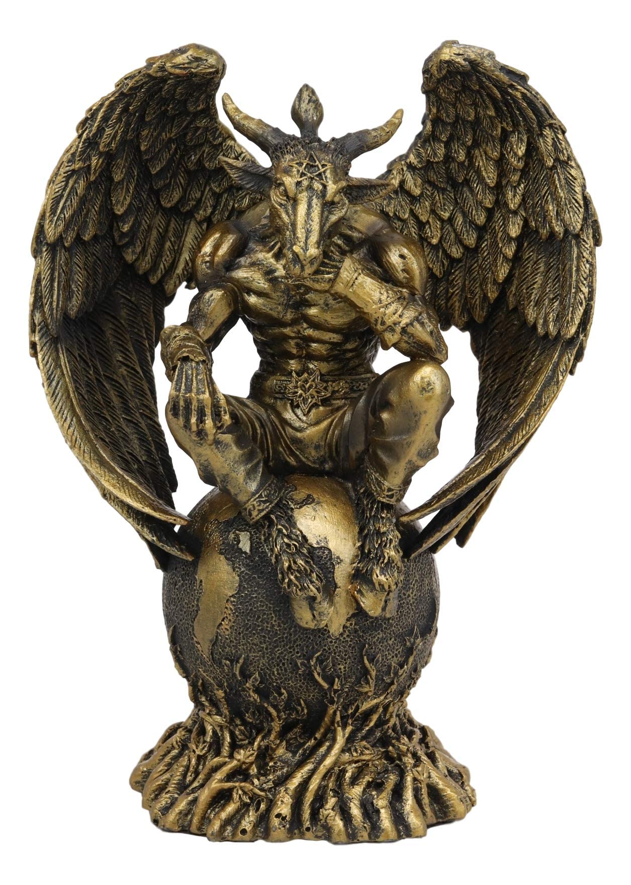 Ebros Gift Sabbatic Goat The Thinker Baphomet Sitting On The Globe Statue 7.75 Tall Baphometh with Pentagram Star Idol Altar Fig