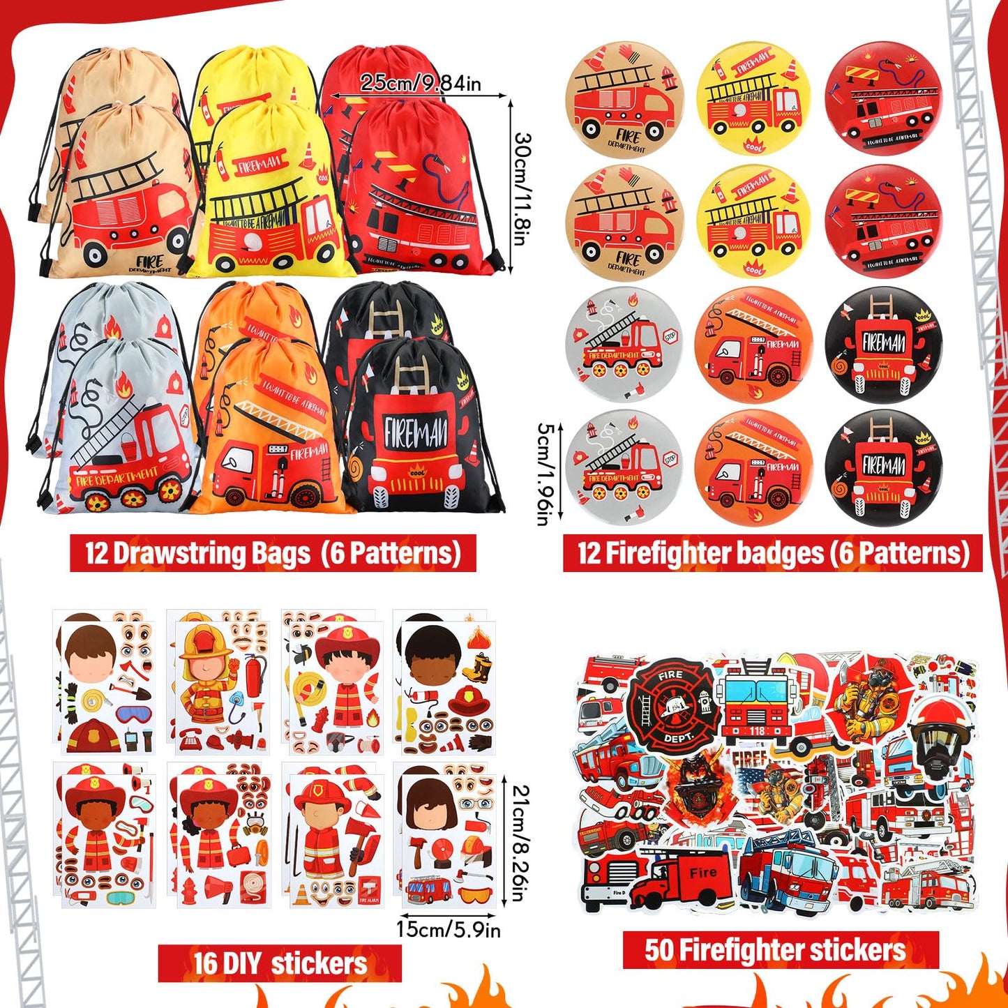 144 Pcs Firefighter Party Favors Fireman Themed Party Supplies Firemen Truck DIY Stickers Drawstring Bags Mini Notepads Silicone