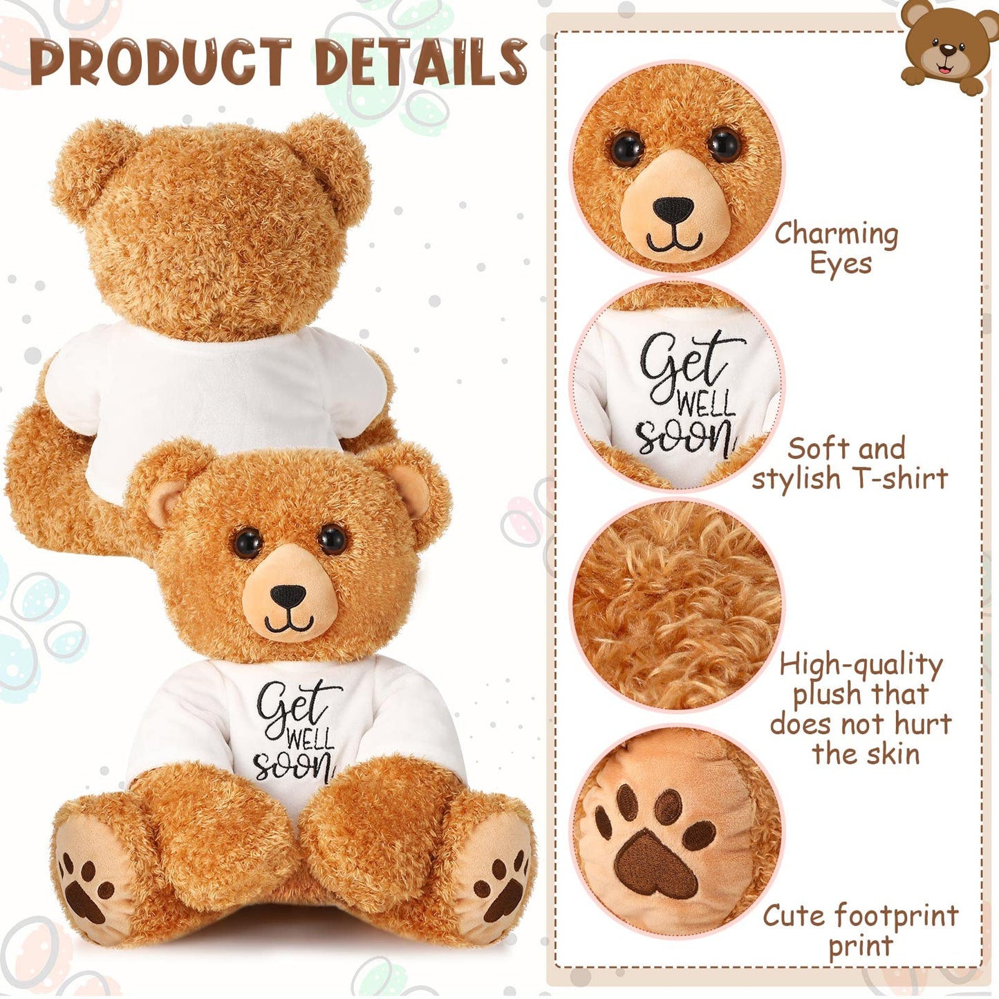 Get Well Soon Bear 16 Inch Bear Stuffed Animals With White T-Shirt Feel Well Soft Bear Plush Hospital Gifts For Boy And Girl (Classic Style)