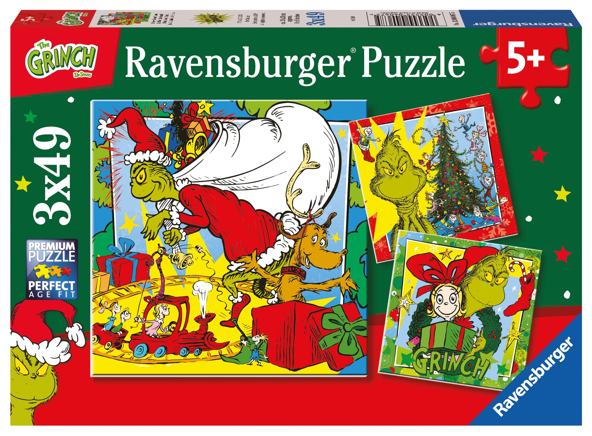 Ravensburger - Jigsaw The Grinch, Gift Idea For Children 5+ Years, Educational And Stimulating Game, 3 Puzzles Of 49 Pieces, 21