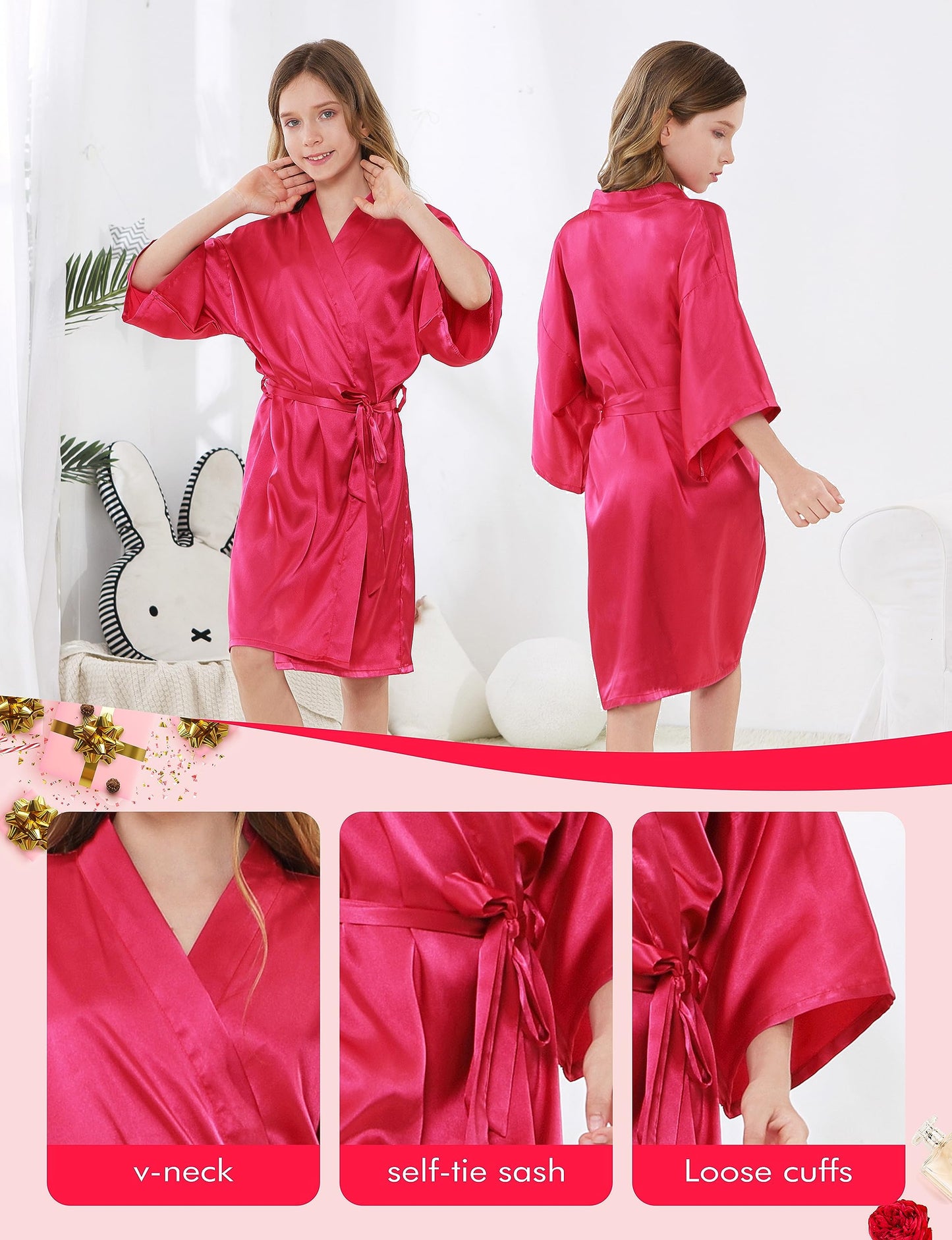 Ivrriss 10Pcs Kid Girls Spa Costume Party Robes Set Silky Plain Kimono Robes For Wedding Birthday(Rosa,4)