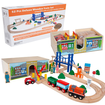 Orbrium 52 Pcs Deluxe Wooden Train Set With Wooden Storage Box Tunnel Compatible With Thomas, Brio, Melissa (Wooden Box - 52 Pcs Train Set)