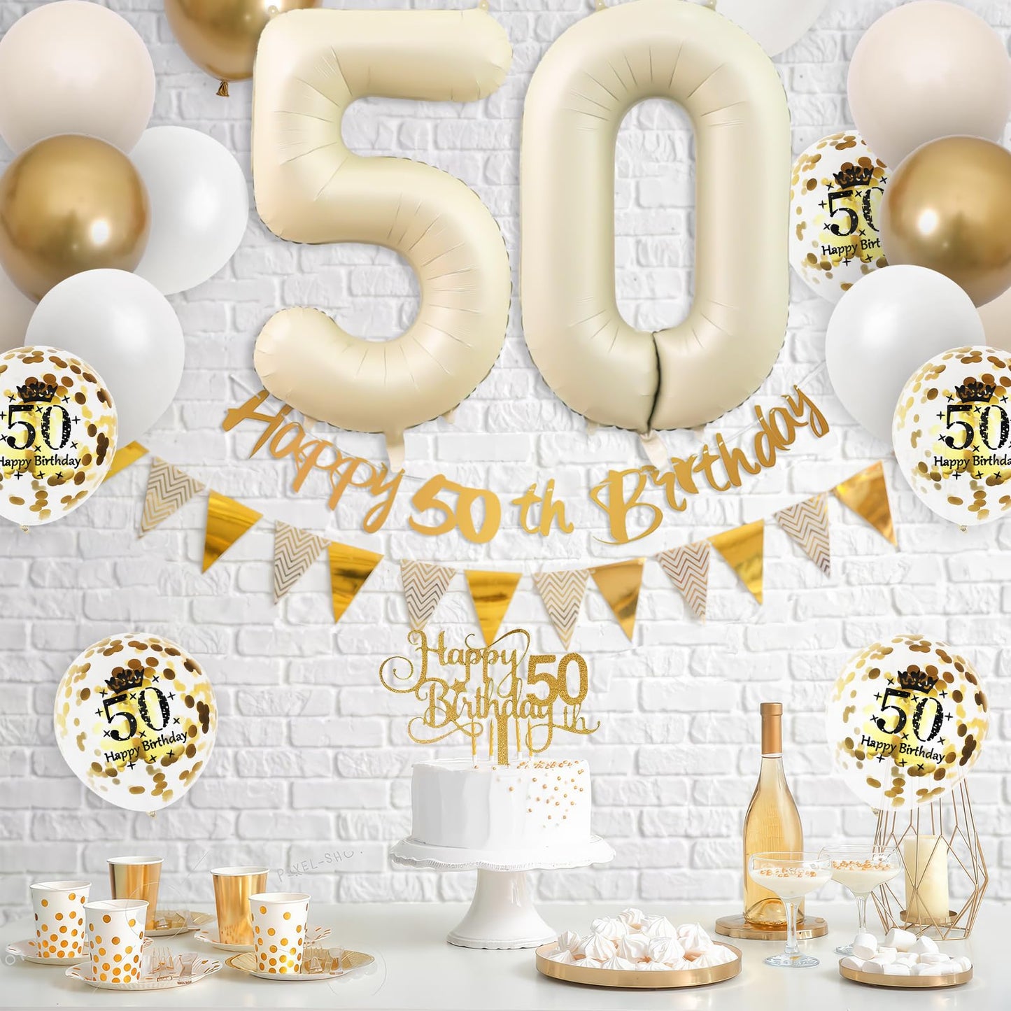 50Th Birthday Decorations Sand White Gold,50Th Birthday Balloons Beige Gold,Happy 50Th Birthday Banner With Cake Toppers Number