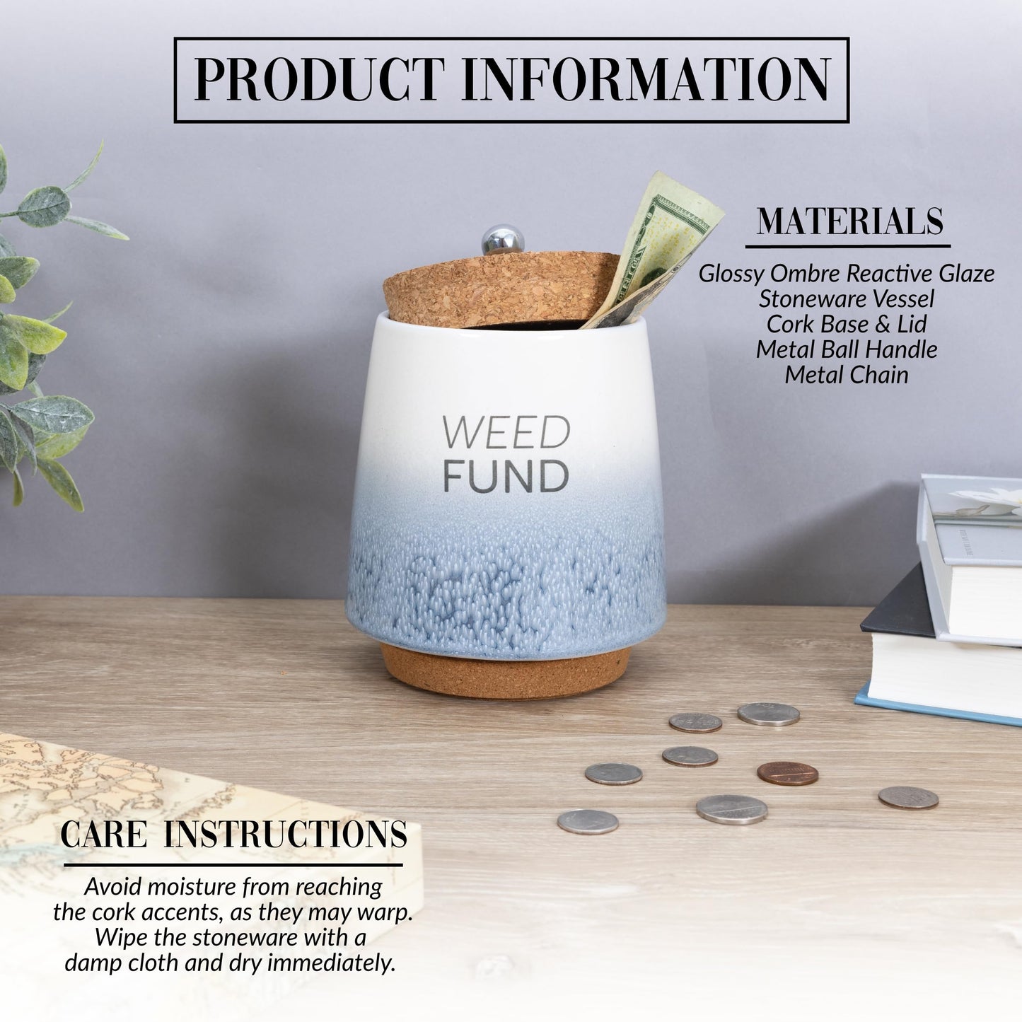 Pavilion Gift Company -  Fund 6.5-inch Unique Ceramic Piggy Bank Savings Bank Money Jar with Cork Base and Cork Lid  Ombre Blue