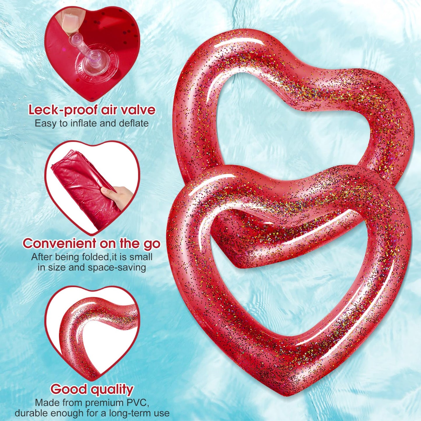 2 Pcs Heart Pool Floats Inflatable Swim Rings, 47.3 x 39.4 Inch Bachelorette Floaties Heart Shaped Swimming Loungers Tube for Ad