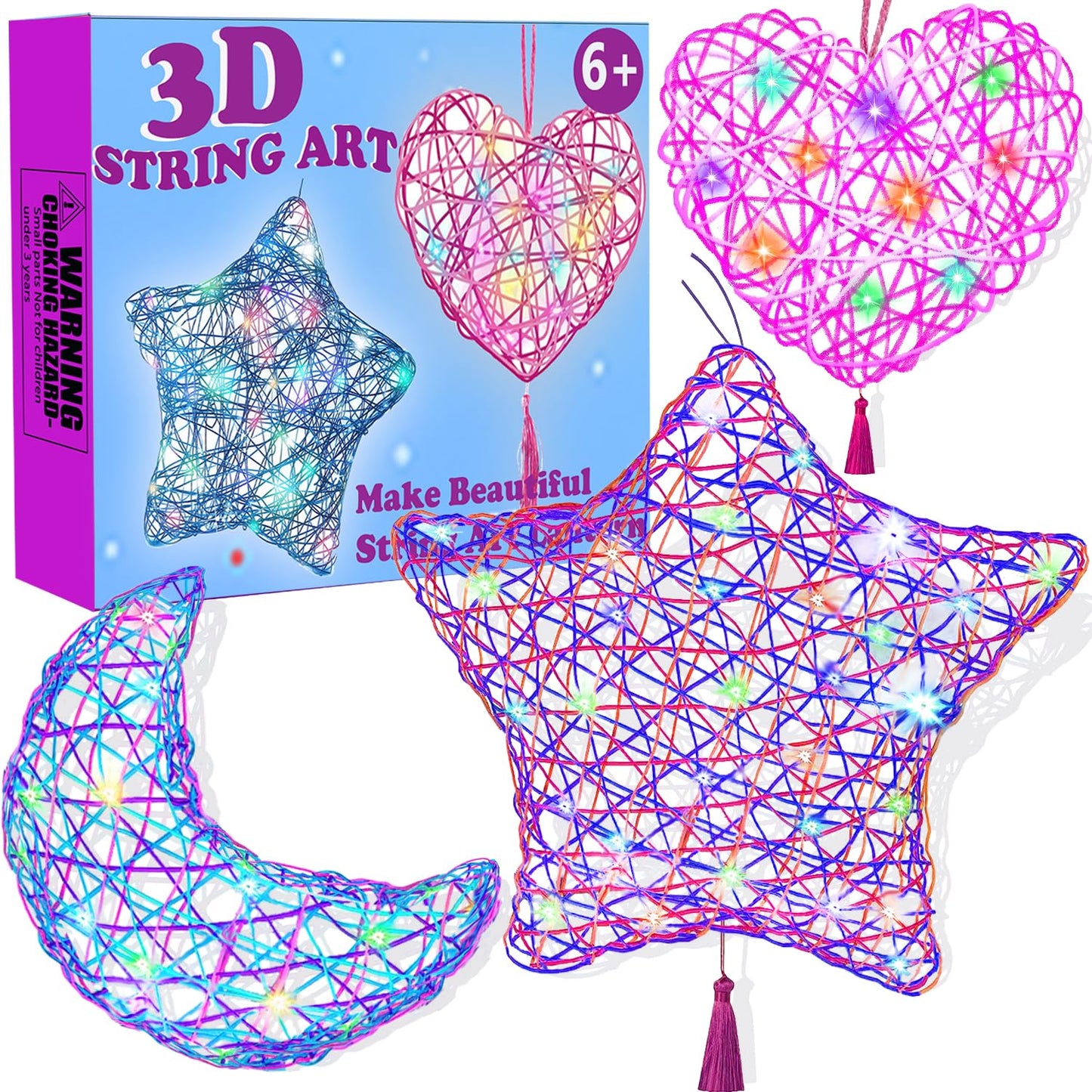 Beilunt 3D String Art Kits Crafts for Girls Ages 8-12, Arts and Crafts for Kids Ages 6-8, Make String Lantern with 20 Colored LE
