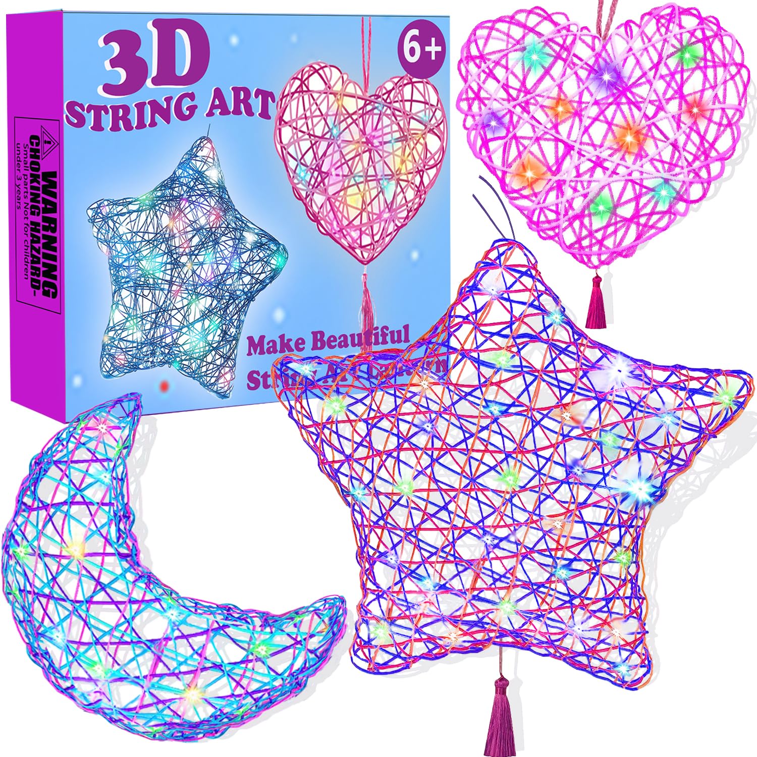 Beilunt 3D String Art Kits Crafts for Girls Ages 8-12, Arts and Crafts for Kids Ages 6-8, Make String Lantern with 20 Colored LE