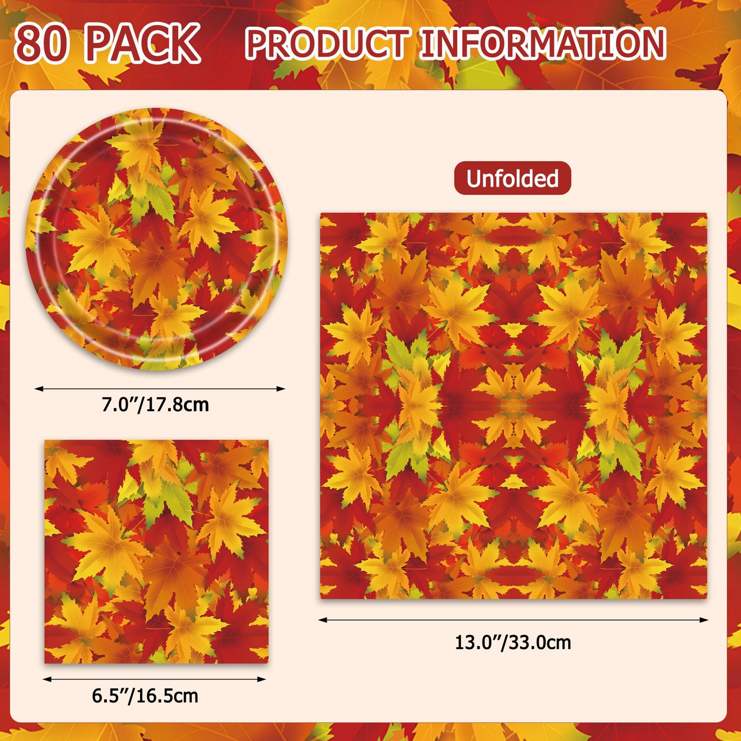 Fall Leaves Party Plates & Napkins Set - 80 Pcs (40x7 Dessert Plates + 40 Napkins) | Autumn Harvest Maple Leaf Design Disposable