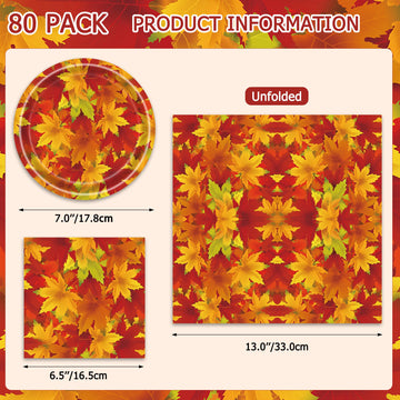 Fall Leaves Party Plates & Napkins Set - 80 Pcs (40x7 Dessert Plates + 40 Napkins) | Autumn Harvest Maple Leaf Design Disposable