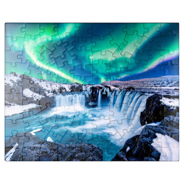 Mypuzzle Northern Lights Over Godafoss Waterfall In Iceland - Premium 100 Piece Jigsaw Puzzle For Adults