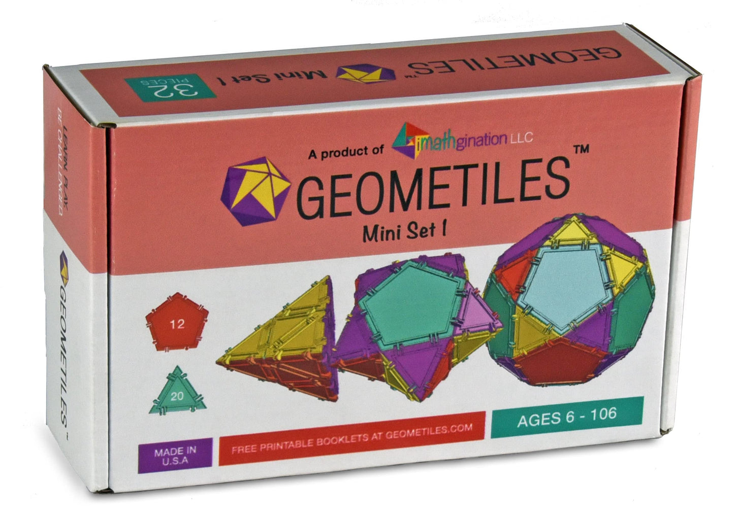 Geometiles 3D Building Set - 32-pc Math Learning Toy, Mini Set 1, Plastic, Made in USA, Pentagon/Triangle