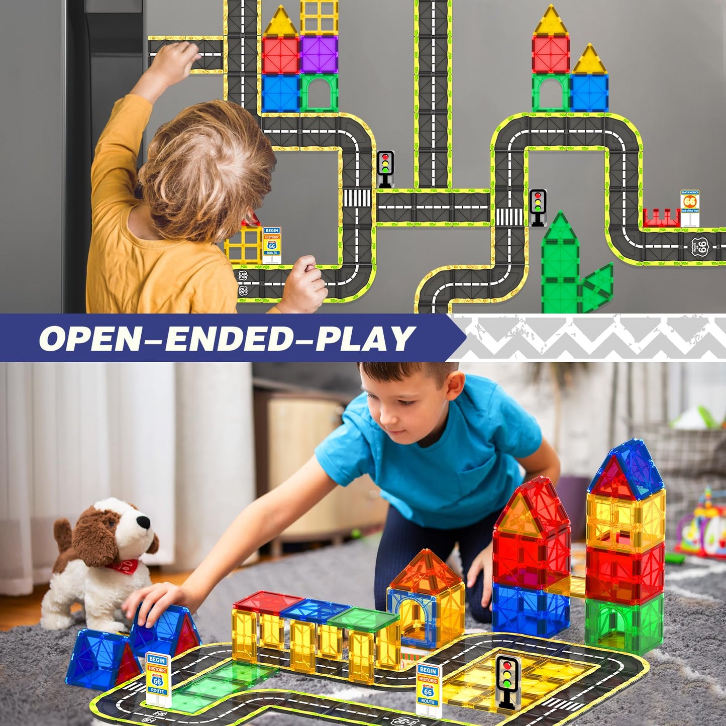Magnetic Tiles Route 66 Road Set,Magnet Building Blocks For Kids Toys, Creative Construction Toys For Boys & Girls Ages 3-5 4-8
