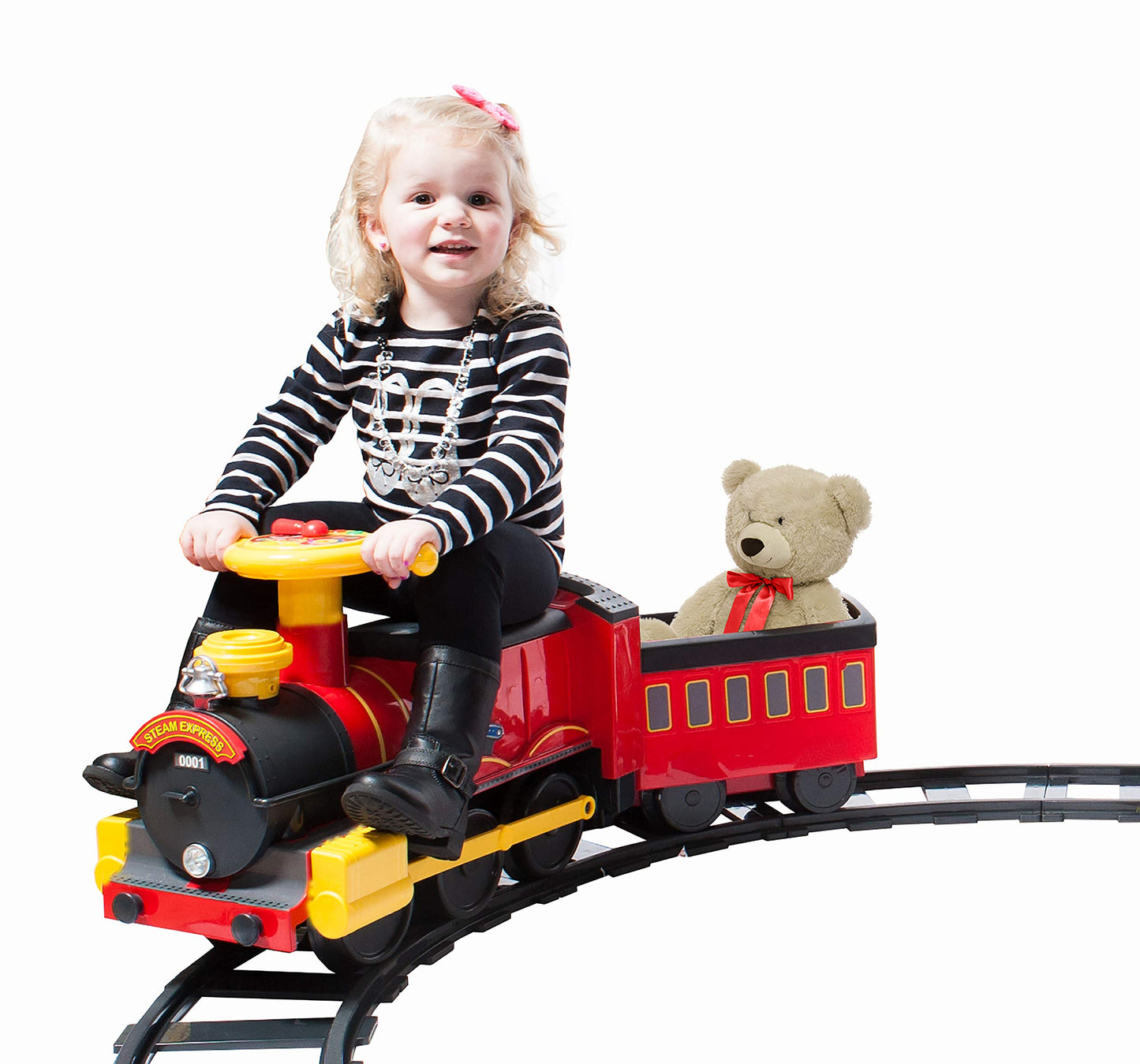 Rollplay Electric Train Ride On for Kids with Real Steam, 22 Track Pieces, Working Headlights, Model 7721AC, Red