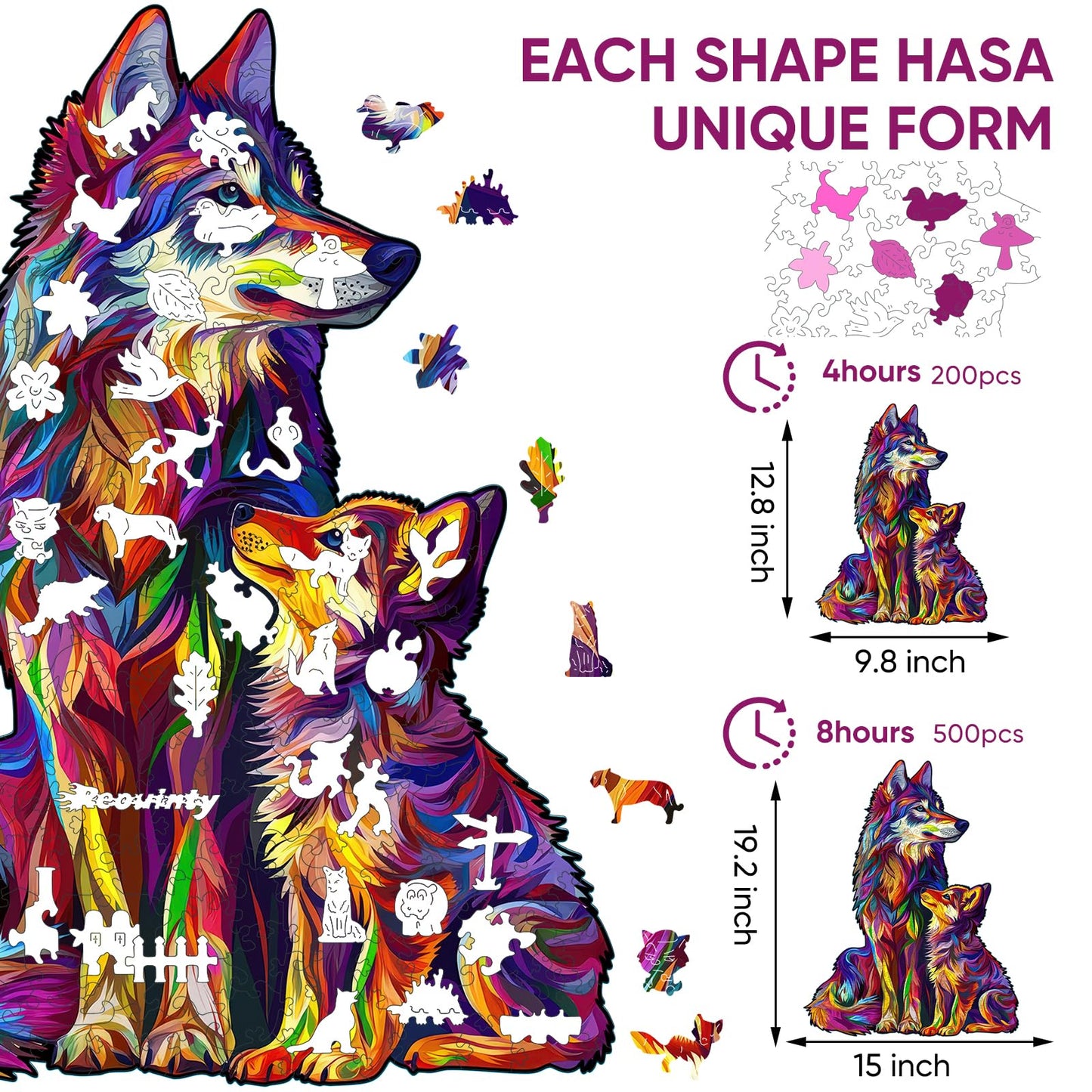 Wooden Puzzles for mature-themed  Wolf Family Jigsaw Puzzles 200 Pieces  Unique Shaped Animal Wood mature-themed Puzzle  Best Gifts for mature-themeds and Kids Family Games 9.8 * 12.6inches
